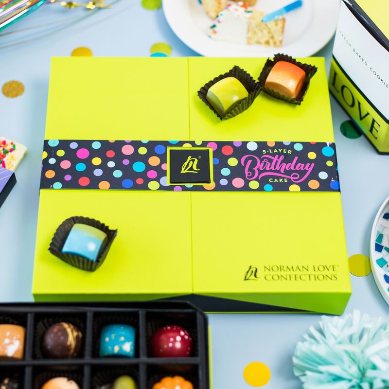 Lime green birthday cake truffle box with multicolored polka dotted ribbon. Blue, green and orange truffles on top of box, confettie surrounding box on a blue background.